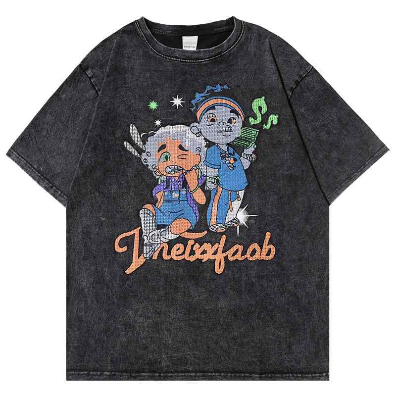 Tシャツ 男性用 新疆長絨綿 半袖 トップス ラウンドネック カットソー プルオーバー プリント柄 コットン100% カジュアル レトロ ブラック系2