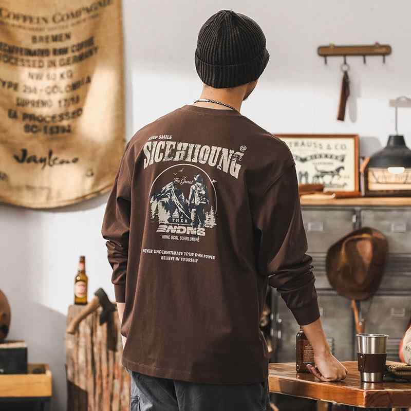 Tシャツ メンズ 男性用 長袖 コットン トップス アメカジ 古着風 ビッグシルエット ドロップショルダー 秋 焦糖色