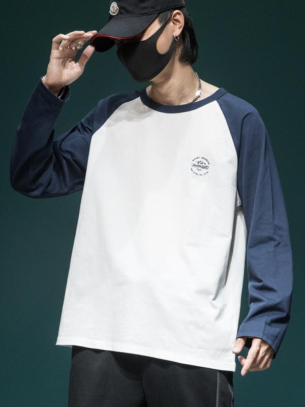 Tシャツ メンズ 長袖 ゆったりサイズ コットン トップス 配色 切り替え クルーネック カットソー 普段使い ラッキーアイテム