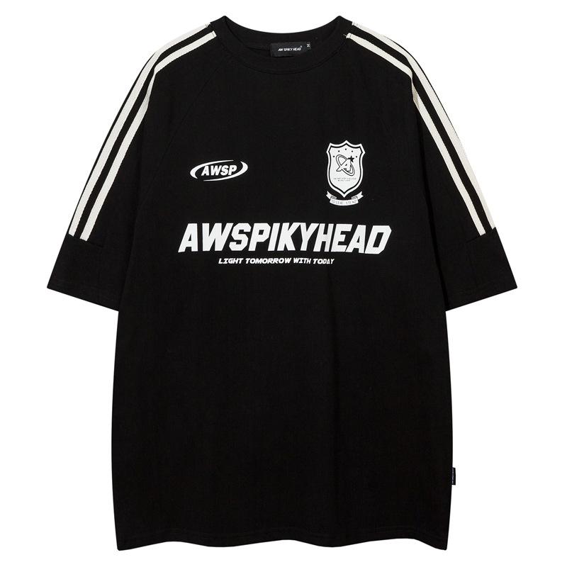 Tシャツ メンズ 男性用 ストリート アメカジ 半袖 コットン 混紡 国潮 ヒップホップ ルーズ レトロ レーシング 切り替え プリント 黒 ブラック グレー 白 ホワイト
