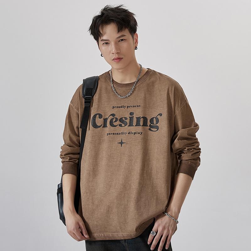 Tシャツ 男性用 春秋物 切り替え ラウンドネック 長袖 コットン 大きいサイズ ゆったり 普段使い 部屋着 運動着 杏色 グレー カーキ