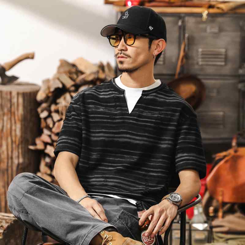 Tシャツ メンズ 男性用 半袖 美式復古風 接触冷感 切り替え ブラック 黒色 トップス 部屋着 アメカジ ストリート