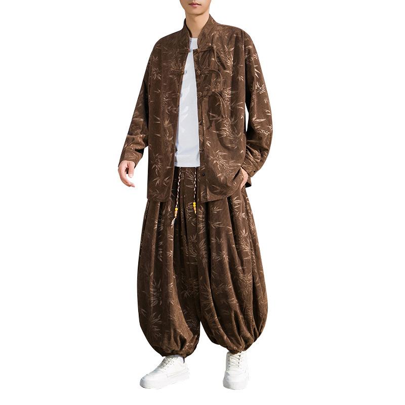 セットアップ メンズ 男性用 中国風 コーデュロイ ジャケット シャツ パンツ 上下セット リラックス カジュアル 黒 ブラック コーヒー色 綿85% 秋冬