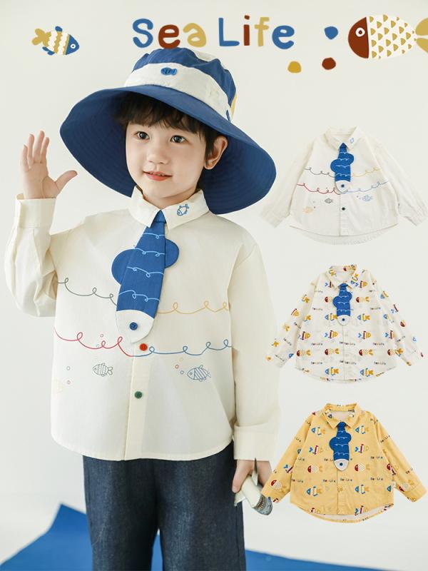 子供服 長袖シャツ 男の子 春 前短後長 コットン カートーン 魚柄 襟付き トップス おしゃれ カジュアル 普段着