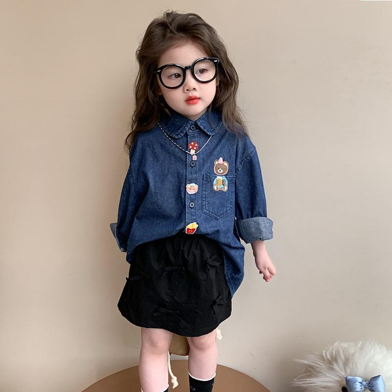 シャツ キッズ デニム 春秋 長袖 かわいい 女の子 子供服 ベビー 上着 トップス 綿 通園 通学