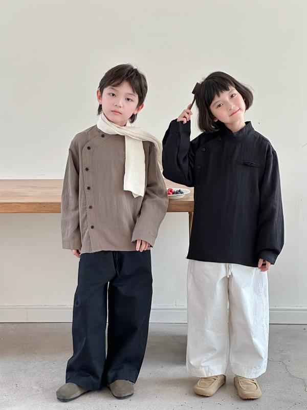 シャツ キッズ 長袖 斜めボタン スタンドカラー トップス 子供服 モード系 春秋 ブラック グレー 90 100 110 120 130 140 150