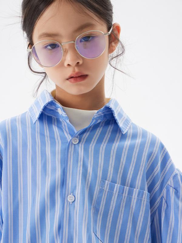 シャツ キッズ ストライプ 長袖 韓国 春秋 中大童 女の子 ガールズ トップス 綿 混紡 柔らかい 潮 ブルー