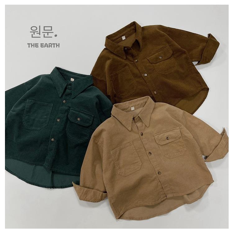 シャツ キッズ 男女兼用 子供服 コーデュロイ 長袖シャツ トップス 韓国 無地 秋服 カキ 墨緑 コーヒー 80cm 90cm 100cm 110cm 120cm 130cm