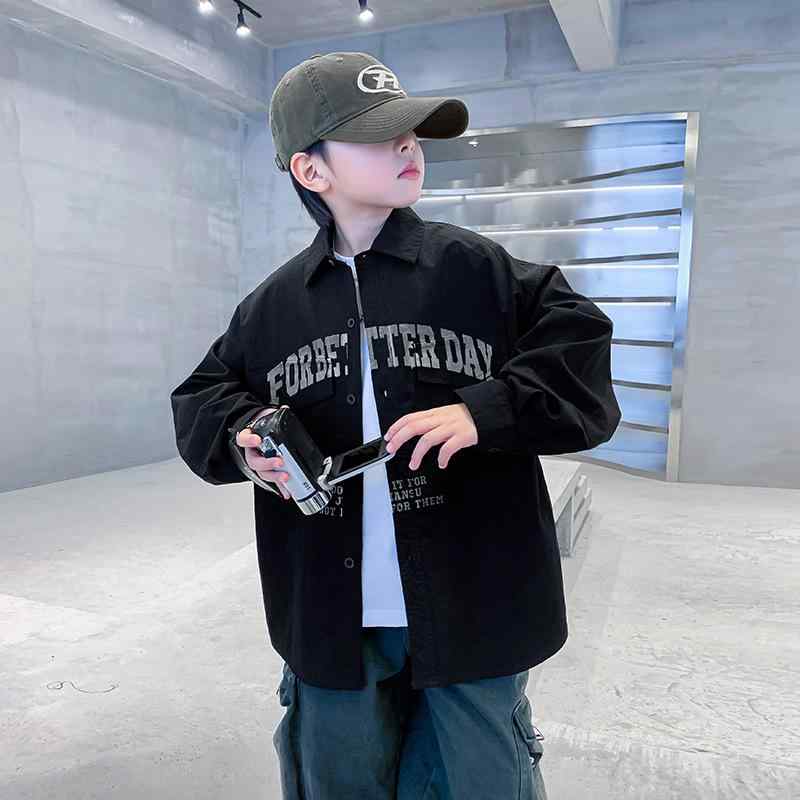 キッズ ボーイズ 長袖 シャツ 子供服 トップス 春秋 スポーツ アルファベット プリント 柔らかい 綿 ブラック ホワイト