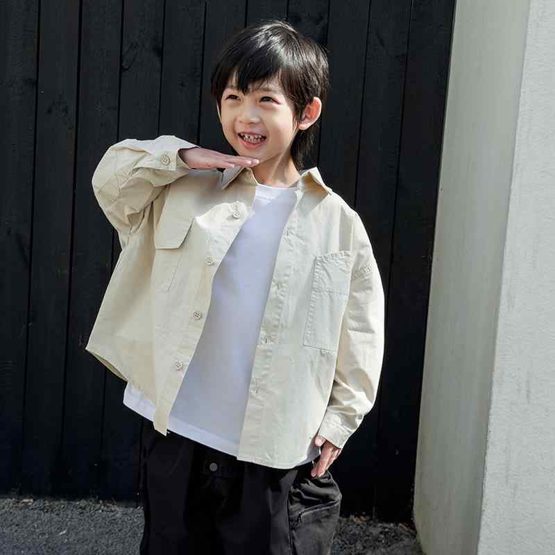 子供服 シャツ 男の子 春物 長袖 コットン ワークシャツ 薄手 トップス ホワイト カーキ 90cm 100cm 110cm 120cm 130cm 140cm