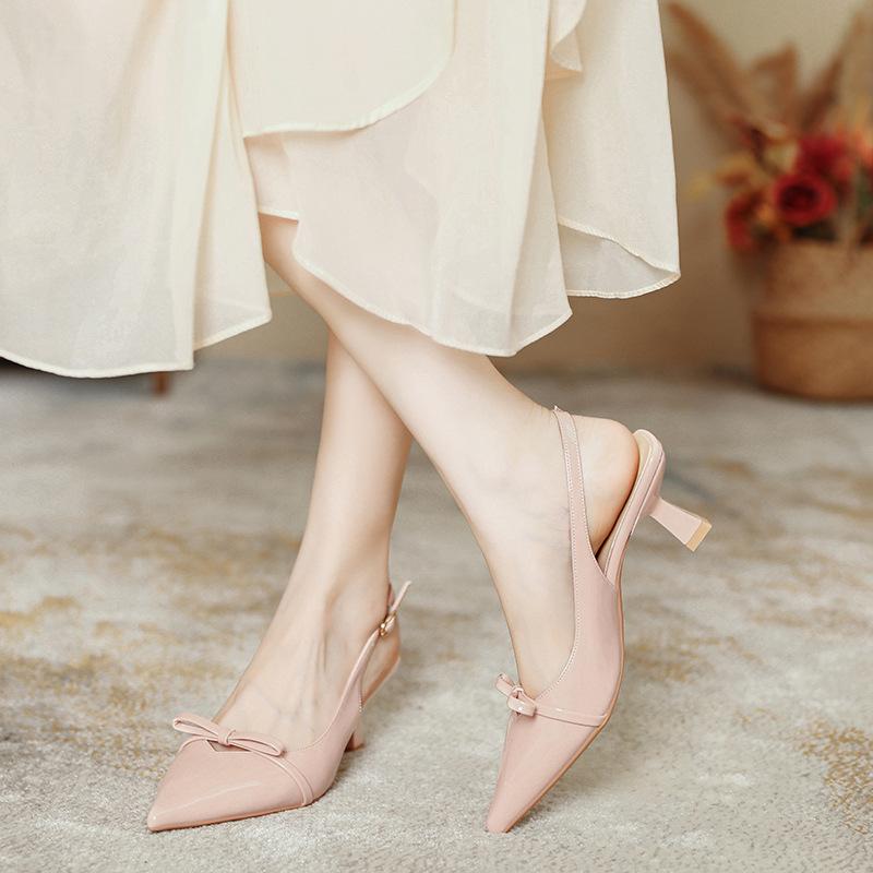 ミュール レディース ハイヒール ポインテッドトゥ バックストラップ サンダル フェミニン 6-8cm 杏色 ピンク系 ブラック 漆皮 細ヒール パーティー 二次会 デート