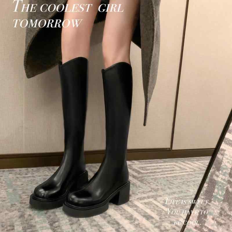 ブーツ レディース 膝下丈 厚底ブーツ 女性用 牛革 ジョッキーブーツ ロングブーツ スタイルアップ 通気性 滑り止め 履きやすい 黒 茶色