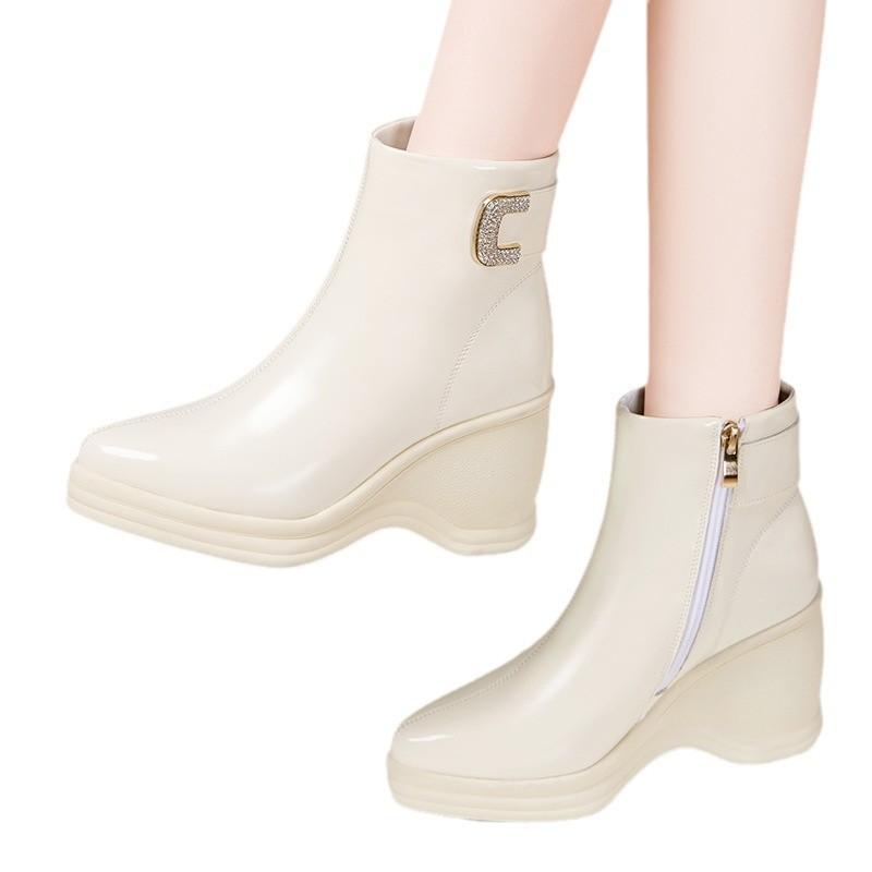 ブーツ レディース 女性用 本革 厚底 防水 滑り止め 耐摩耗性 ショートブーツ ミドルブーツ ラウンドトゥ ハイヒール スタイルアップ 黒 白 杏色 秋冬2｜clearstore