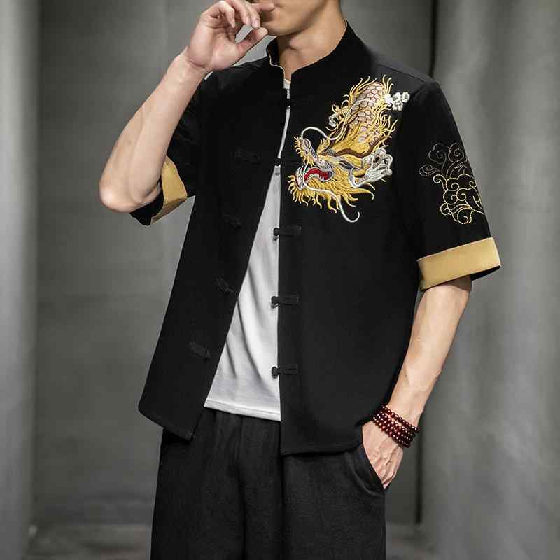 シャツ 男性用 半袖 チャイナ風 唐装 漢服 刺繍 コットン混紡 ゆったり スタンドカラー ブラック 麻 ベージュ 中国レッド ホワイト