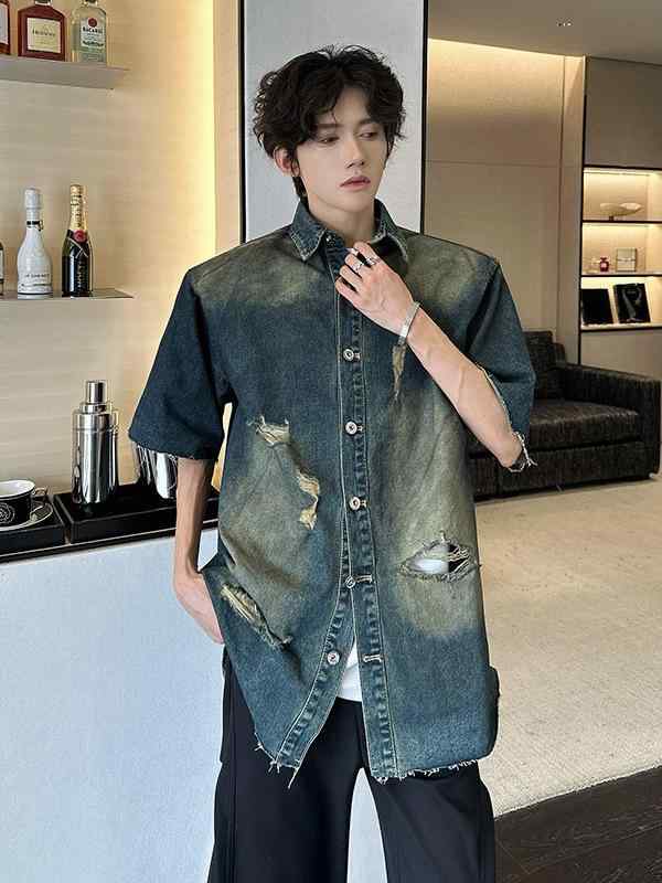 シャツ 男性用 デニム ダメージ ウォッシュ加工 半袖 ルーズフィット 古着風 肩パッド入り ブルー M L XL 2XL 3XL