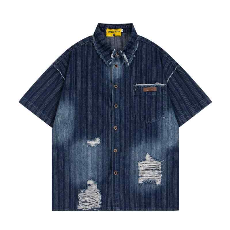 シャツ 男性用 半袖 コットン ウォッシュド加工 ダメージデザイン ゆったり トップス カジュアル 春夏 ブルー 普段使い アウトドア