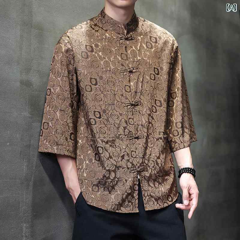 シャツ 男性用 中国風 ローズ柄 ポリエステル ゆったり 立襟 七分袖 カーディガン トップス 普段使い リラックスウェア カフェ色 黒 紫 紺色 カーキ色 大きいサイズ