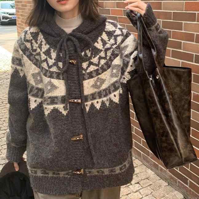 ニット レディース 秋冬 フード付き カーディガン フェアアイル柄 ゆったり 厚手 グレー アクリル ポリエステル 普段使い 通勤 撞色2