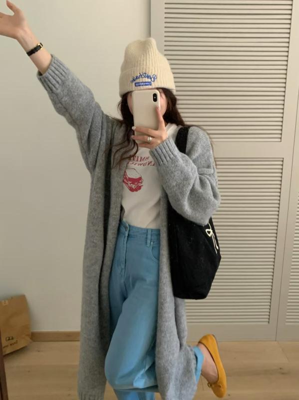 編み物ジレー レディース 秋冬 韓国風 V素っ首 朦々たる 編み物ジレー ゆったり ジレー ロング丈 生あたたかい 羽織りもの アウター 長袖 トップス 普段使い走り 伸び伸びする 御召しもの 黄味がかった カーキ ベージュ 薄墨色2