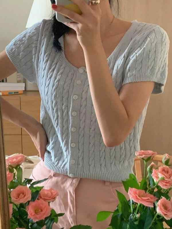 ジレー レディース 夏時編み物 U素っ首 トップス 当たること冷感 薄っぺら 無地 分かりやすい ナブルー 空調設備打つ手 紫外線打つ手 韓国流行り物2