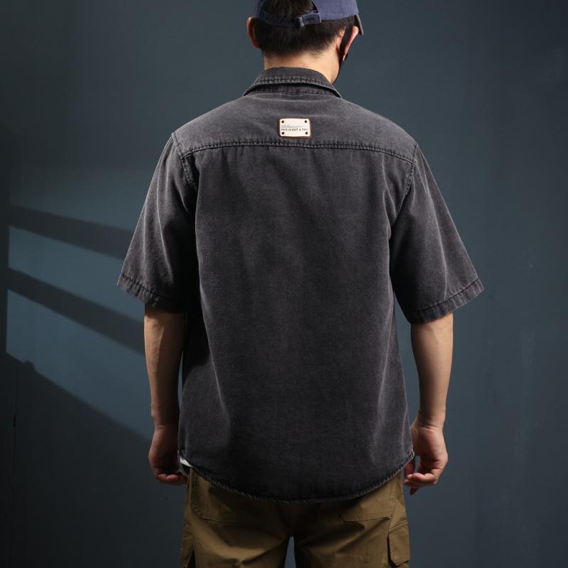 シャツ メンズ 男性用 デニムシャツ 半袖シャツ 翻領 薄手 黒グレー ウォッシュ加工 ?松型 ポケット 装飾 リネン 麻 夏 サマー カジュアル2