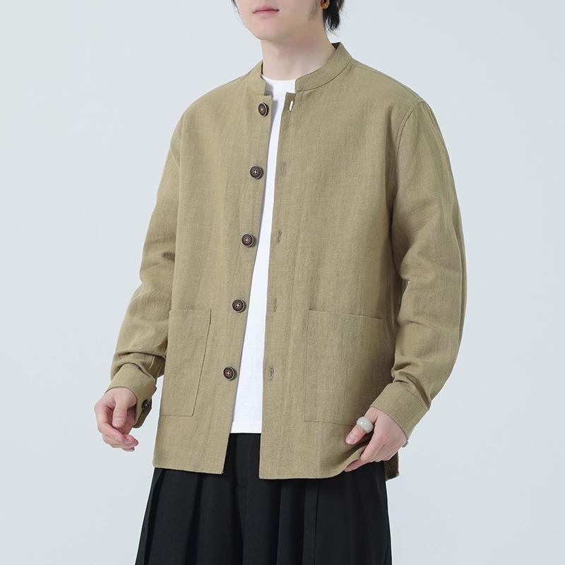 シャツ メンズ 男性用 大きいサイズ 綿麻 チャイナ風 立襟 長袖 春秋 カジュアル 中国風 レトロ ブラック グレー イエロー 麻色 M L XL XXL XXXL 4XL 5XL