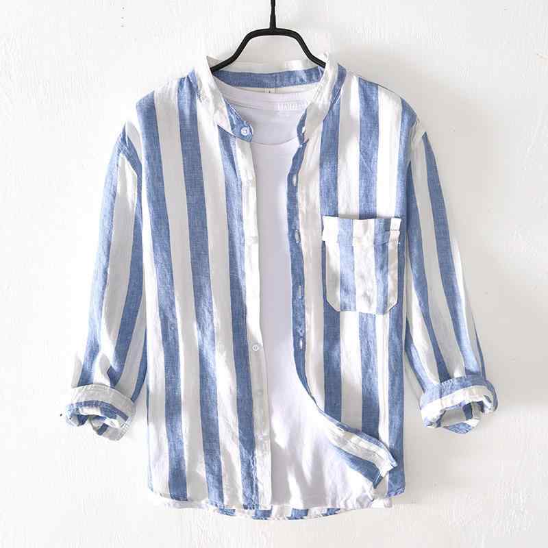 シャツ 男性用 リネン ストライプ 七分袖 接触冷感 薄手 カジュアル 普段使い ブラック グレー ブルー M L XL XXL XXXL