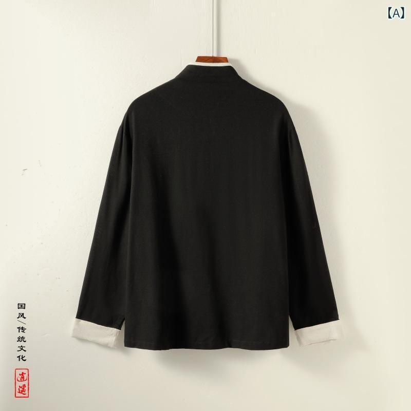 シャツ 男性用 チャイナ風 斜め襟 亜麻 綿麻 ジャケット スタンドカラー トップス 中国風 春秋 黒 赤 M L XL 2XL 3XL 4XL 5XL