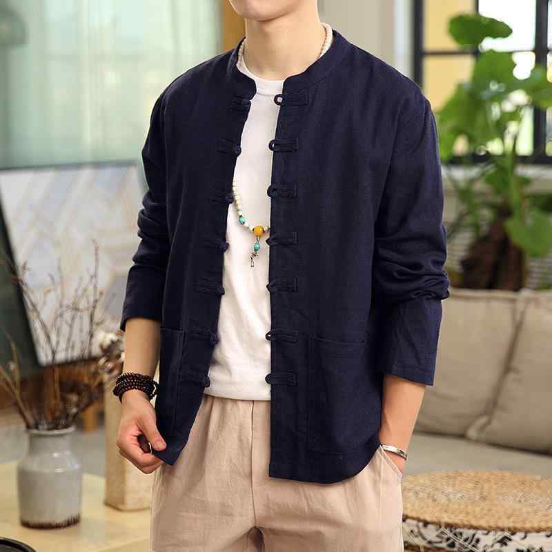 シャツ 男性用 アジアンスタイル リネンシャツ チャイナボタン 唐装 コットンリネン 中華風シャツ レトロ トップス ジャケット ブラック グレー 紺色 ブルー ワインレッド