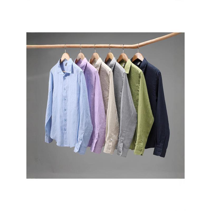 シャツ メンズ 男性用 亜麻 リネン 長袖 開襟シャツ 翻領 無地 薄手 春秋 合体 浅青色 深青色 緑色 薄紫色 杏色2