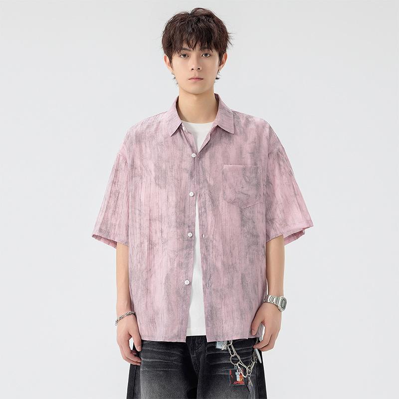 シャツ 男性用 半袖 ルーズフィット 大きいサイズ 夏物 ファッション 絞り染め プリント レギュラーカラー リネン 麻 トップス
