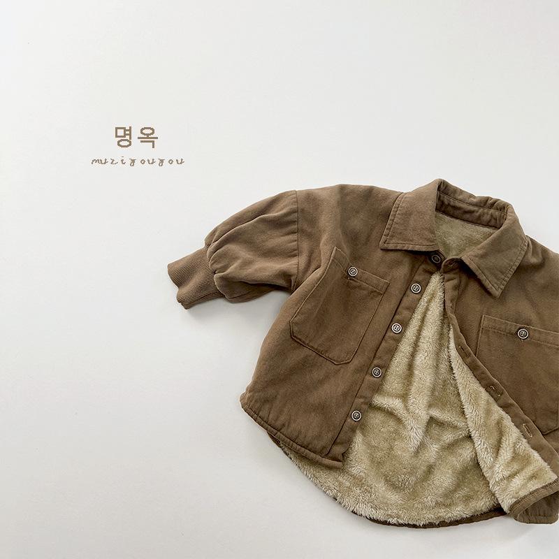子供服 シャツ 男女兼用 キッズ 韓国風 裏起毛 レトロ シングルブレスト ジャケット 秋冬 トップス 防寒 普段使い おしゃれ かわいい 綿100% 80cm 90cm 100cm 110cm 120cm 130cm