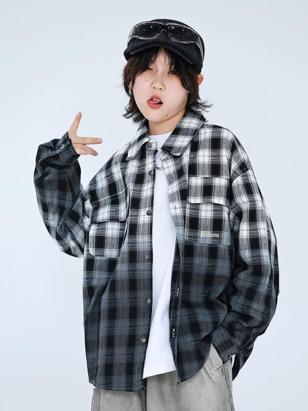 子供服 男の子 長袖シャツ 春秋 格子柄 グラデーション 吊り染め おしゃれ かわいい コットン トップス
