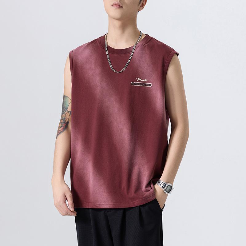 Tシャツ 男性用 タンクトップ アメリカンレトロ風 プリント柄 コットン ゆったり 薄手 ワインレッド ブラック カーキ