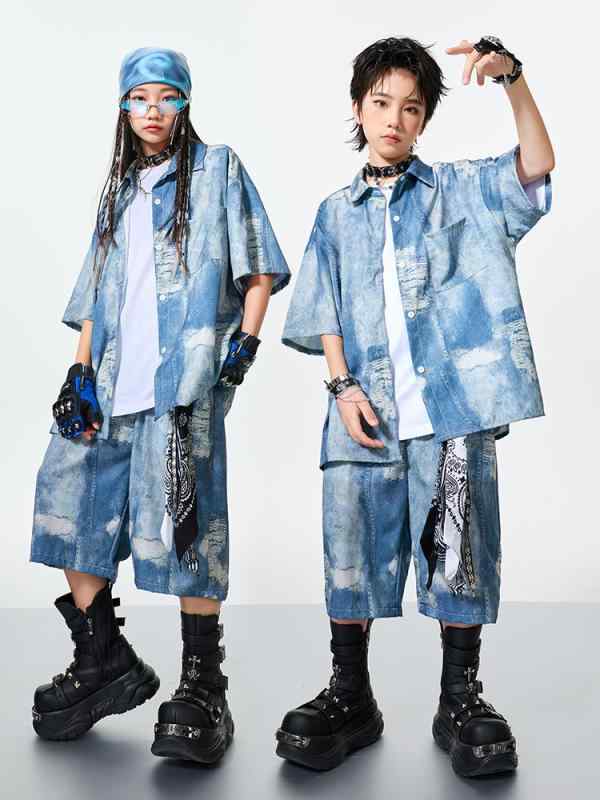 子供服 ダンス衣装 男の子 ストリートダンス デニム セットアップ ヒップホップ ジャズダンス 練習着 レッスン着 発表会 舞台 演出服 接触冷感 吸湿速乾