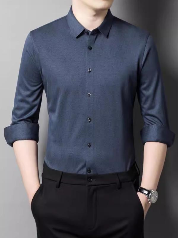 シャツ 男性用 長袖 羊毛 中高年 紳士服 ビジネス カジュアル ゆったり 防しわ 吸湿速乾 春秋 青灰 中灰 深棕木 春泥灰