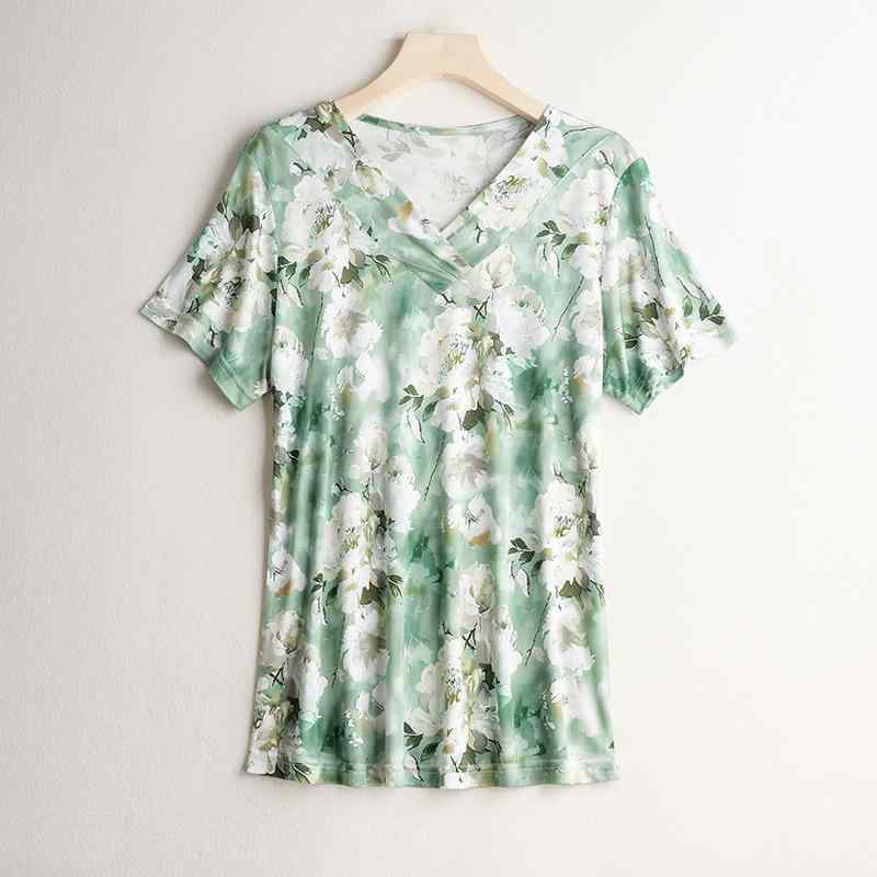 Tシャツ レディース 半袖 Vネック 春夏 シルク 桑蚕? 上着 トップス 薄手 花柄 ゆったり おしゃれ きれいめ エレガント 上品 ママ 母の日 普段使い 中国風 新紫2|clearstore
