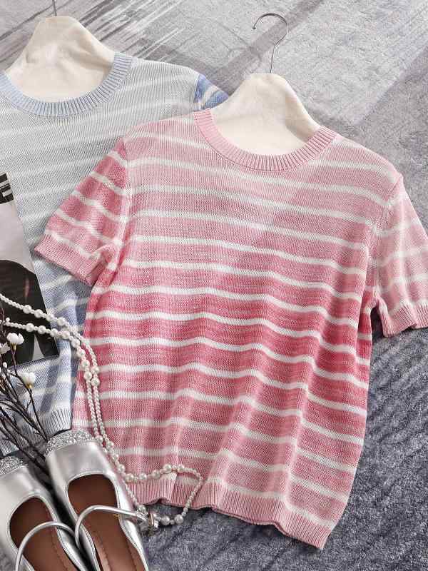 Tシャツ レディース 半袖 ラウンドネック 精梳綿 ストライプ グラデーション 涼しい 通気性 トップス ピンク系 ブルー系2