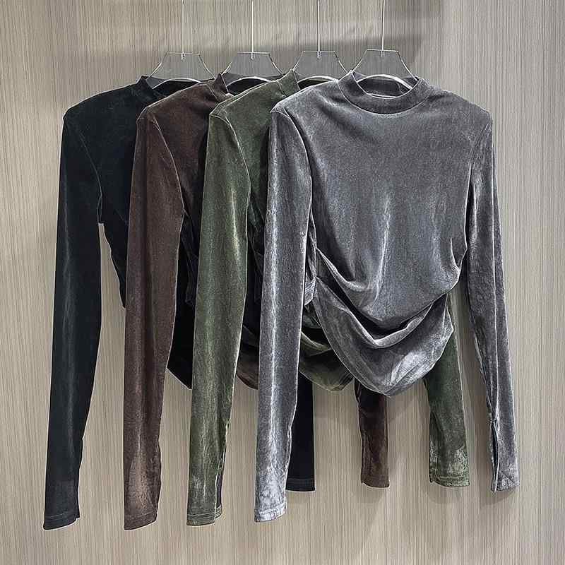 Tシャツ レディース 秋冬 半ハイネック 金糸 ベロア 肩パッド入り ショート丈 トップス 褶? ギャザー プルオーバー カットソー 長袖 普段使い2|clearstore
