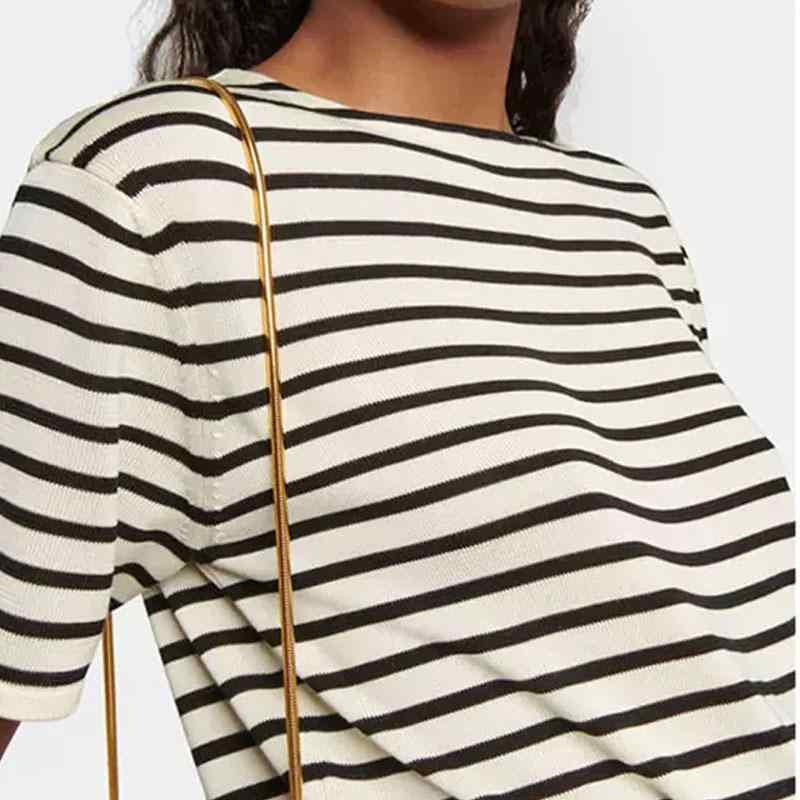 Tシャツ レディース 春夏 ゆったり ストライプ トップス 五分袖 ニット 接触冷感 桑蚕? 切り替え ラウンドネック 通勤 ブラウン ブラック系