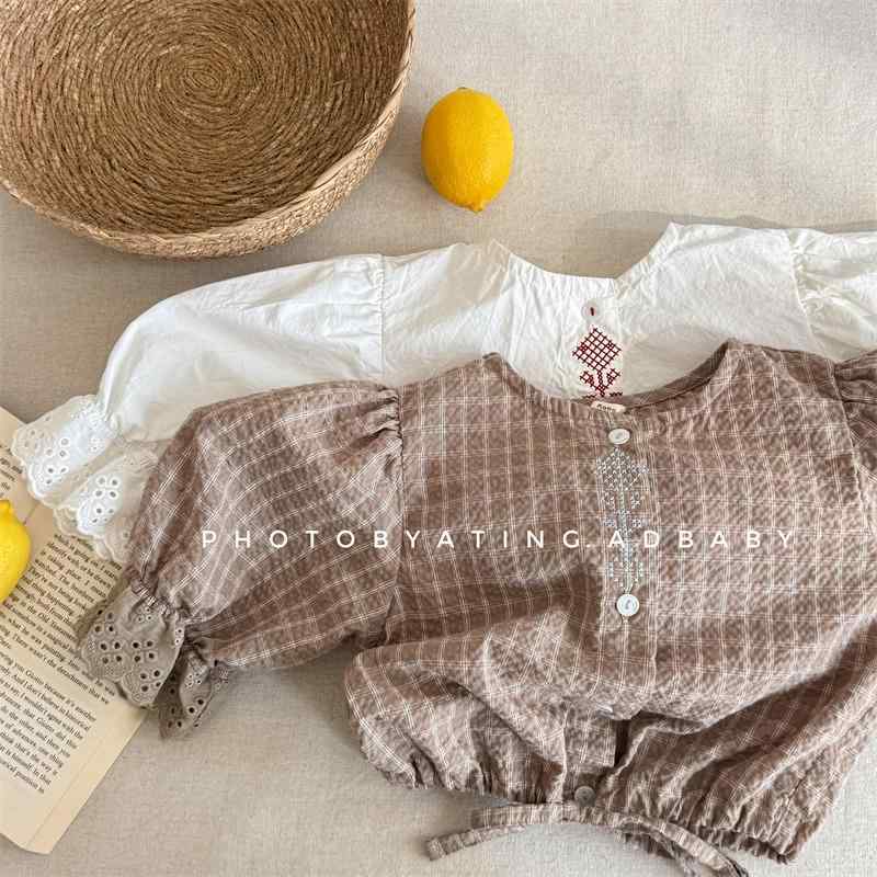 キッズ シャツ 女の子 トップス 春秋 長袖 丸襟 コットン 刺・墸 花柄 格子柄 かわいい おしゃれ プリンセス ベージュ ブラウン 80 90 100 110 120 130 4,340円