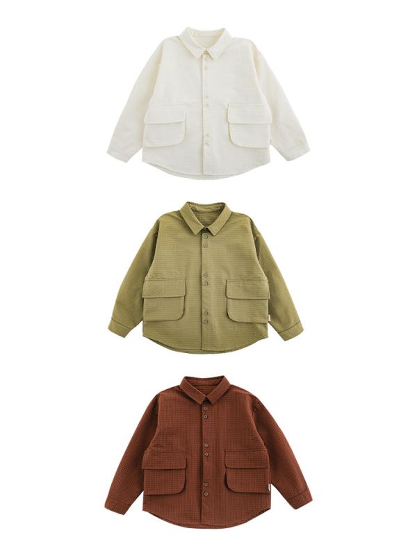 子供服 男の子 長袖シャツ レトロ 森ガール風 翻襟 春秋 トップス 80 90 100 110 120 130 140 150 センチ ポリエステル ブラウンレッド ベージュ グリーン
