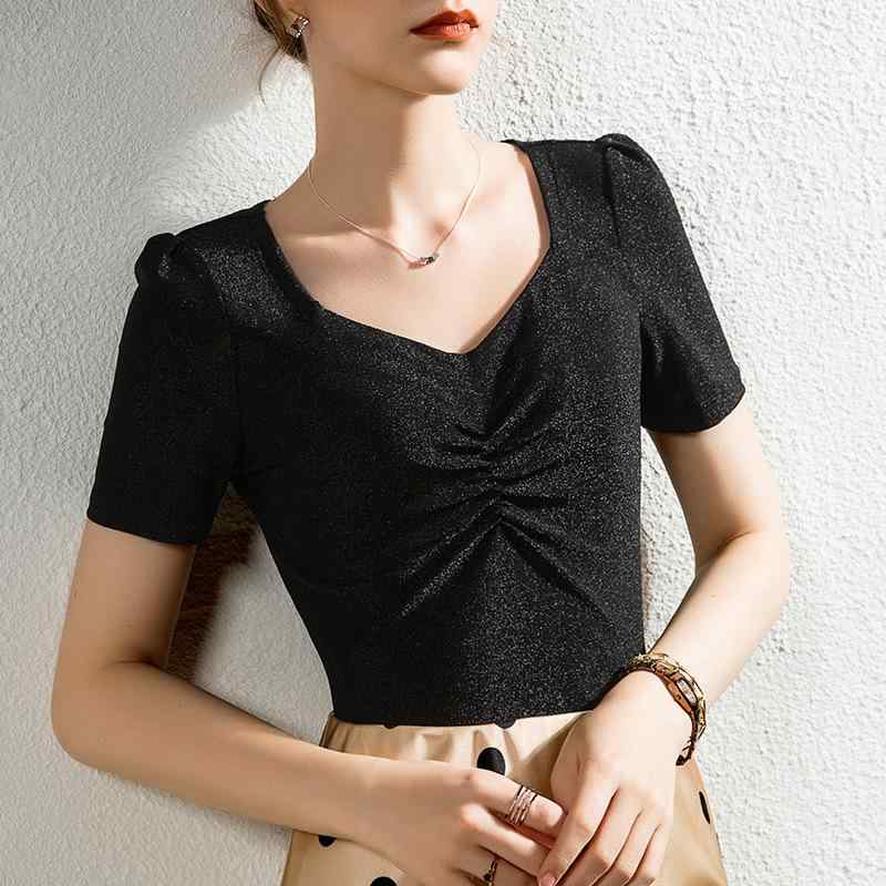 Tシャツ レディース 半袖 シャンパン色 ブラック 配色 切り替え 方襟 泡 パフスリーブ スリム 通勤 オフィス カジュアル2