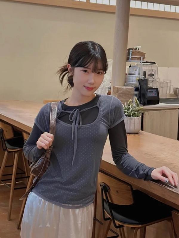Tシャツ レディース 長袖 シースルー ドット柄 レース 切り替え 接触冷感 トップス カットソー 薄手 プルオーバー ラウンドネック2