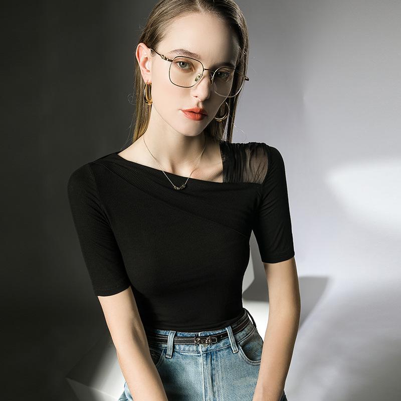 Tシャツ レディース 斜めがけ肩 五分袖 トップス カットソー スリムフィット 無地 通勤 ブラック ホワイト 接触冷感 再生繊維2
