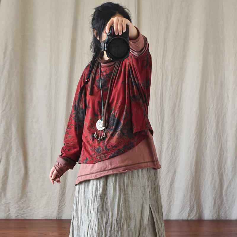 Tシャツ レディース 綿麻 ニット デジタルプリント ラウンドネック ゆったり トップス 文芸風 カットソー 長袖 おしゃれ かわいい ?古? 橘?色 咸菜?2｜clearstore 6,077円