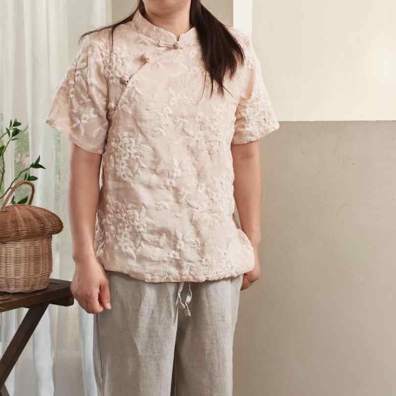 Tシャツ レディース 女性用 苧麻 刺繍 半袖 レトロ 立襟 トップス 茶服 小衫 文芸風 合身型 白色 ピンク系 ベージュ2