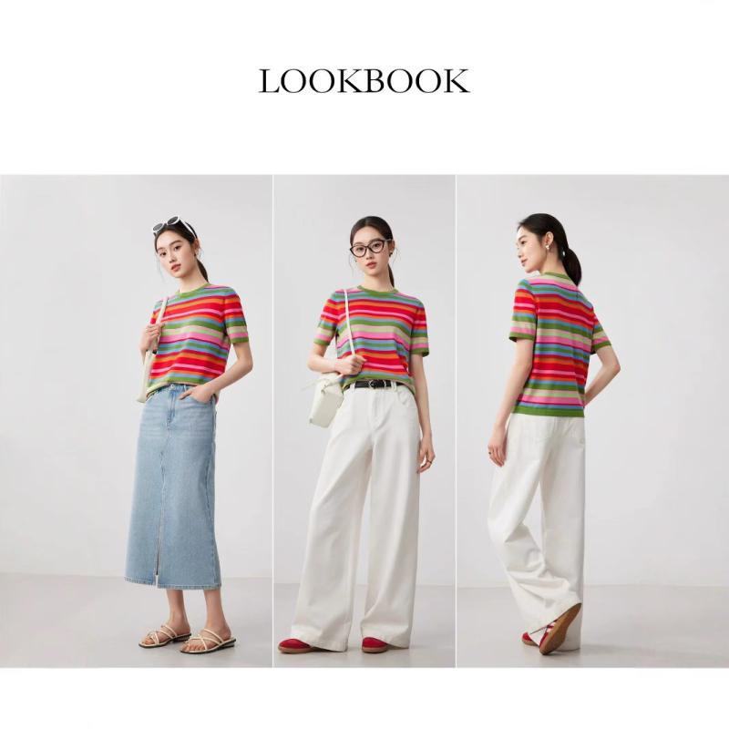 Tシャツ レディース 天竺 絹 彩色 ストライプ ラウンドネック ニット 接触冷感 通勤着 普段使い トップス