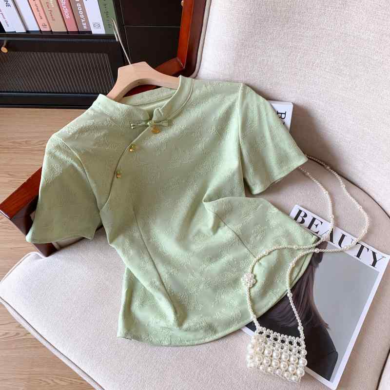 Tシャツ レディース 半袖 夏 チャイナドレス風 トップス 国風 刺繍 接触冷感 再生繊維 立襟 ゆったり 白 緑 通勤2
