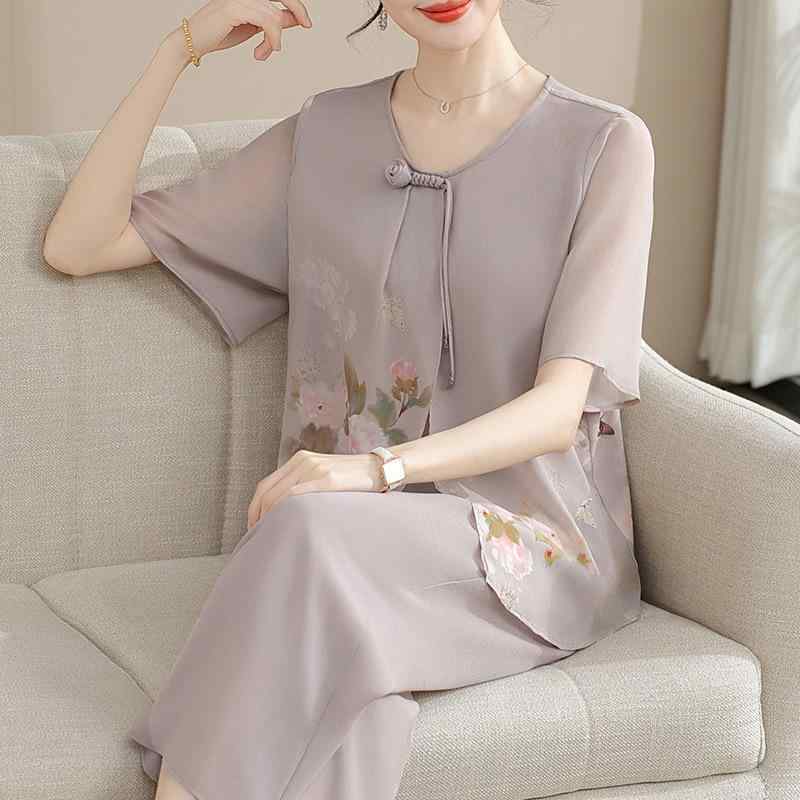 セットアップ レディース ママ 春夏 雪紡 シフォン 小衫 ブラウス Tシャツ カットソー パンツ ズボン 上下セット 2点セット 半袖 ゆったり おしゃれ かわいい 40代 50代 60代 ミセス シニア 婦人服 ピンク系 ブルー 通勤 お出かけ